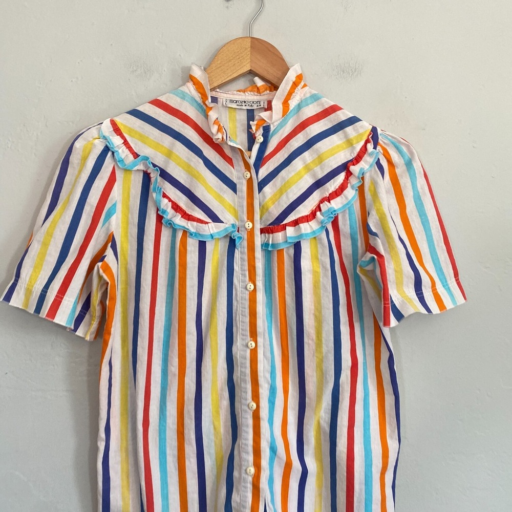 Marcello Cioni Rainbow Stripe Top Women Size 44 Button Down Short Sleeve - Picture 2 of 10